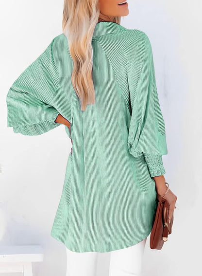 Women's Smocked Cuffed Striped Boyfriend Shirt with Pocket Casual Collar Long Sleeve Blouse Tops for Pocket Shirred.Clearance Items 2024
