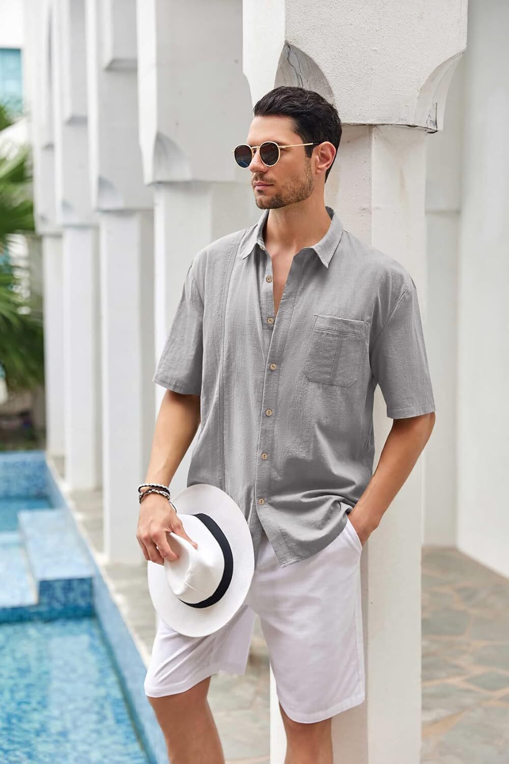 Mens Beach Linen Shirts Short Sleeve Cuban Button Down Casual Summer T Shirt Guayabera Hawaiian Tee Loose Fit Tops(💖Buy two, free shipping)