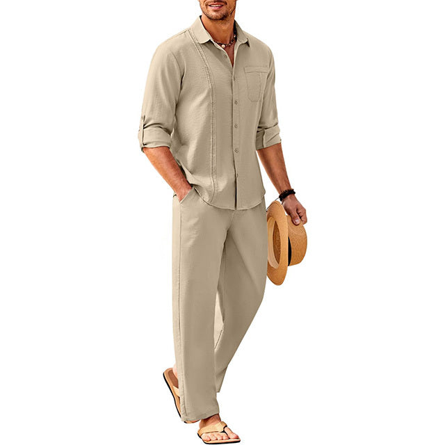 Men's 2 Piece Linen Sets Casual Long Sleeve Button Down Cuban Shirt and Loose Pants Set Beach Vacation Outfits