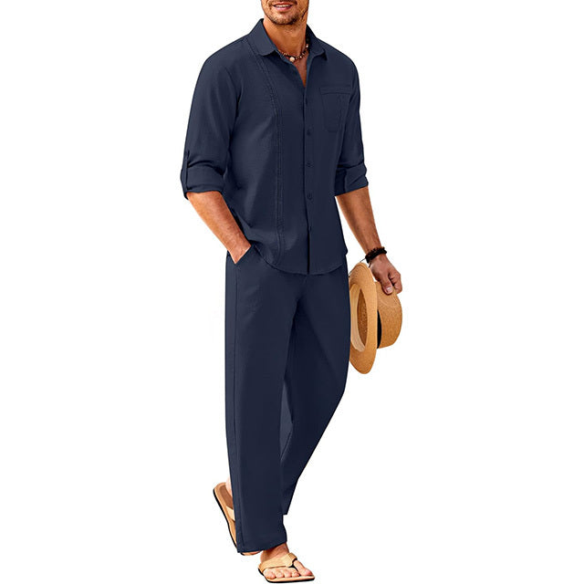 Men's 2 Piece Linen Sets Casual Long Sleeve Button Down Cuban Shirt and Loose Pants Set Beach Vacation Outfits