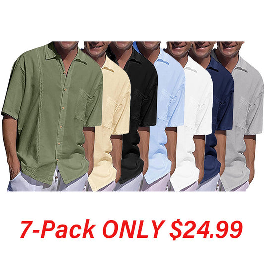 Mens Beach Linen Shirts Short Sleeve Cuban Button Down Casual Summer T Shirt Guayabera Hawaiian Tee Loose Fit Tops(💖Buy two, free shipping)