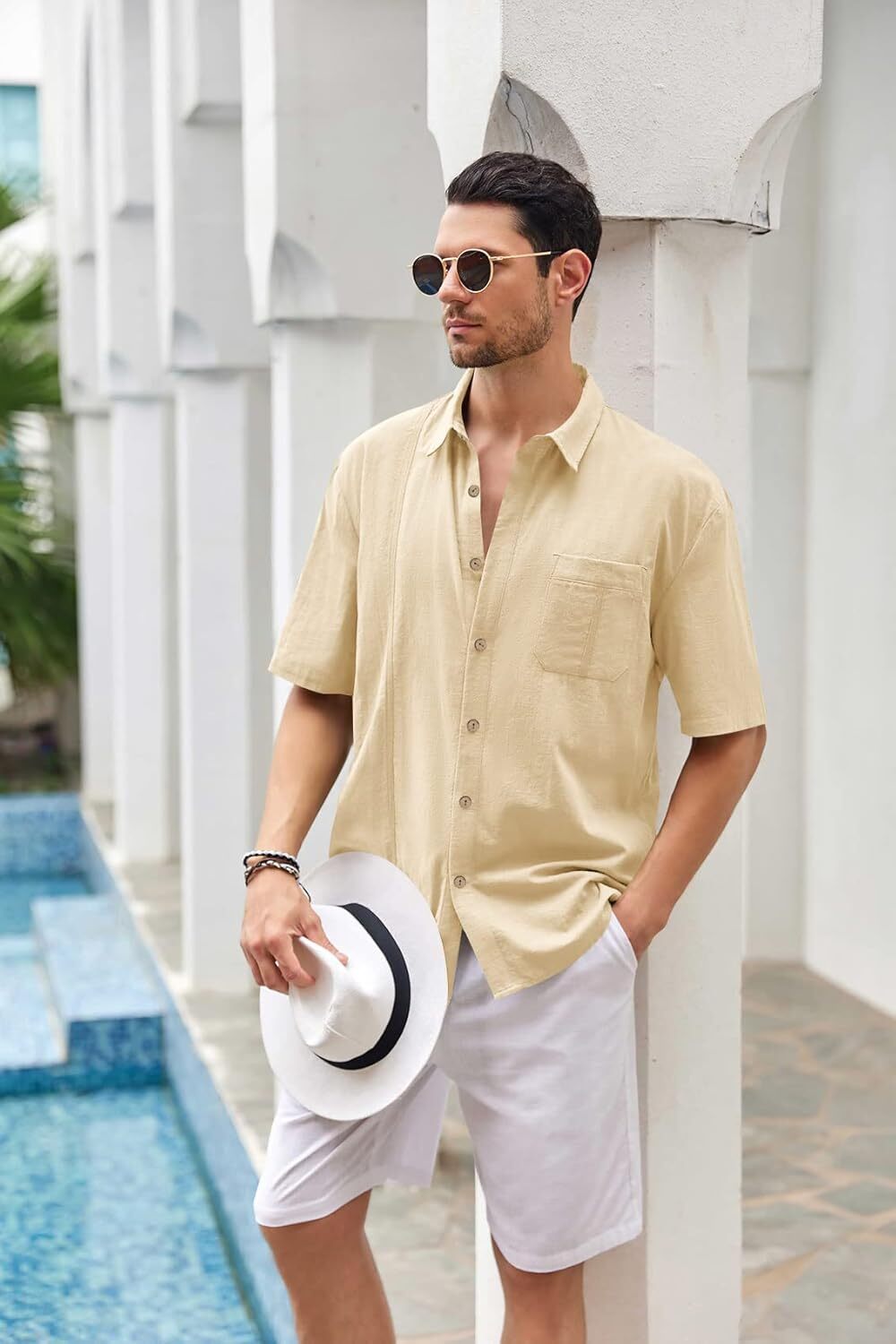 Mens Beach Linen Shirts Short Sleeve Cuban Button Down Casual Summer T Shirt Guayabera Hawaiian Tee Loose Fit Tops(💖Buy two, free shipping)