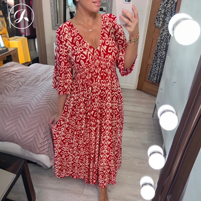 🔥2024 New Sale💖Bohemian casual print V-neck shirred waist long dresses