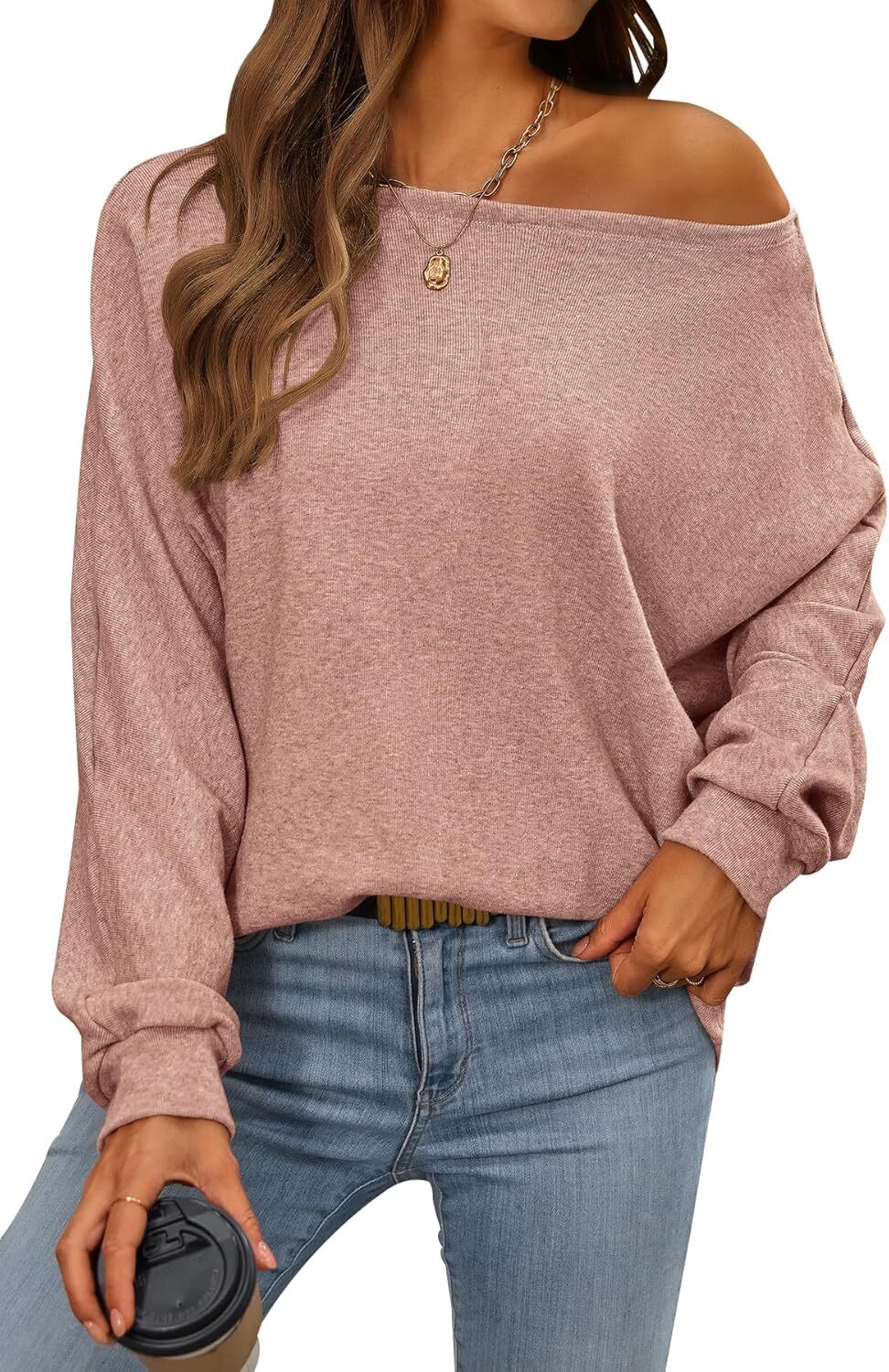 Women's Fall Sweaters 2024 Casual Oversize Pullover Batwing Long Sleeve Drop Shoulder Sweater Loose Knit Jumper Tops