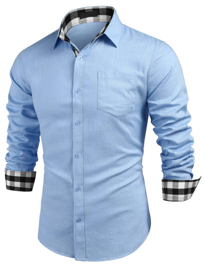 10-PARK Men's Cotton Aand Linen Simple Basic Plaid Pocket Classic Long-Sleeved Shirt