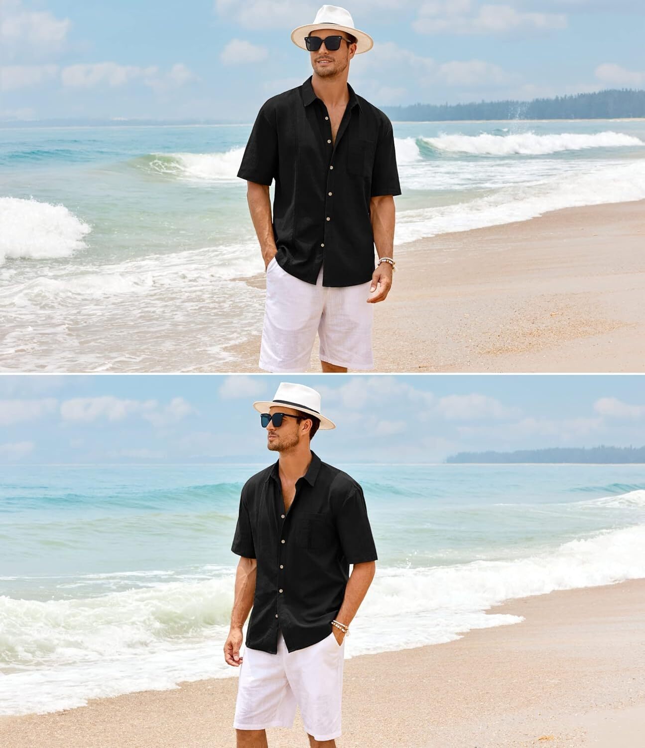 Mens Beach Linen Shirts Short Sleeve Cuban Button Down Casual Summer T Shirt Guayabera Hawaiian Tee Loose Fit Tops(💖Buy two, free shipping)