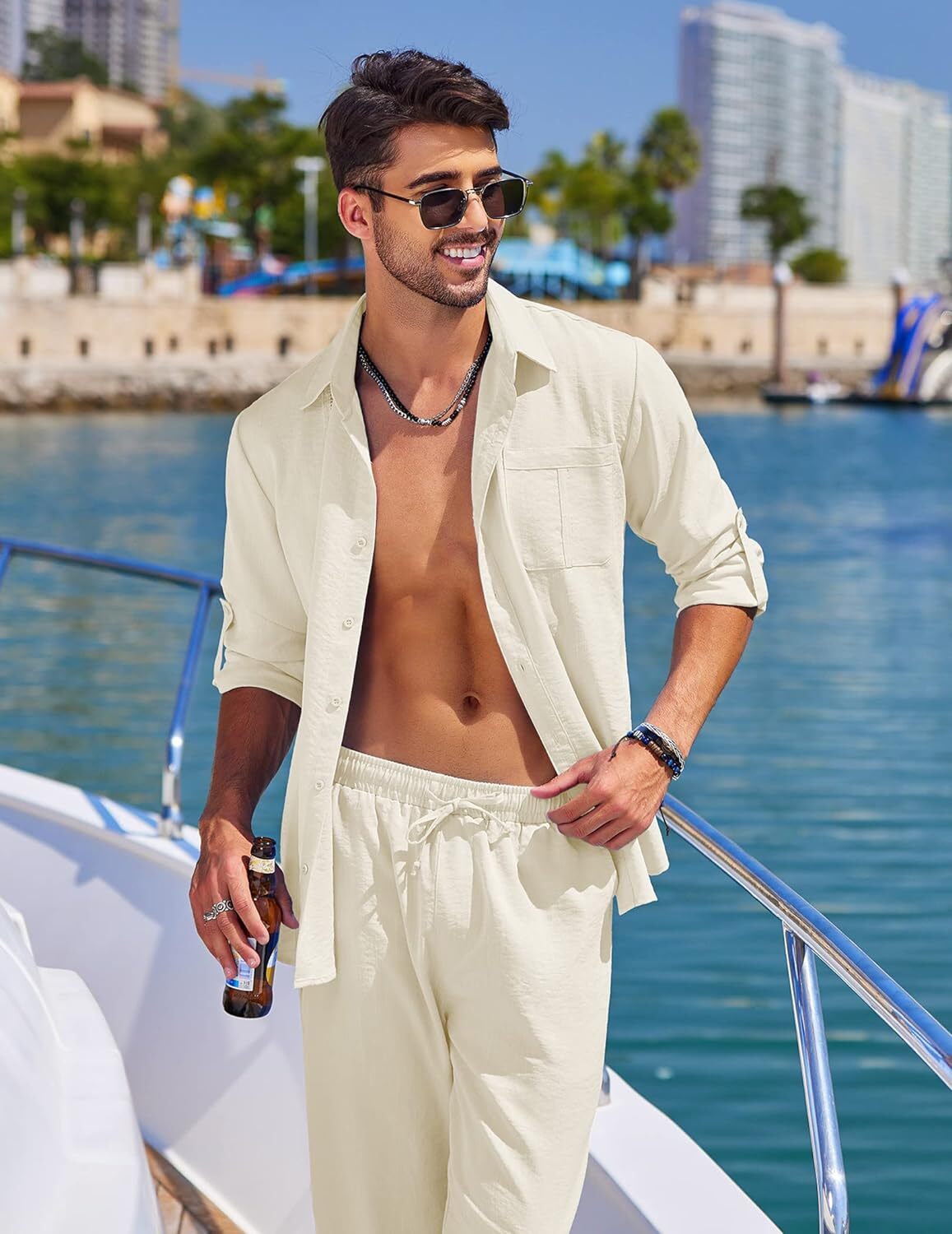 Men's 2 Piece Linen Sets Casual Long Sleeve Button Down Cuban Shirt and Loose Pants Set Beach Vacation Outfits