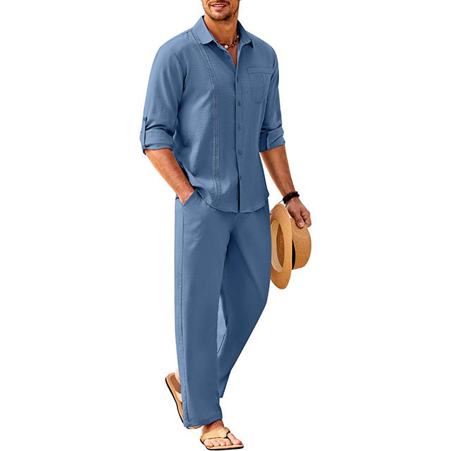 Men's 2 Piece Linen Sets Casual Long Sleeve Button Down Cuban Shirt and Loose Pants Set Beach Vacation Outfits