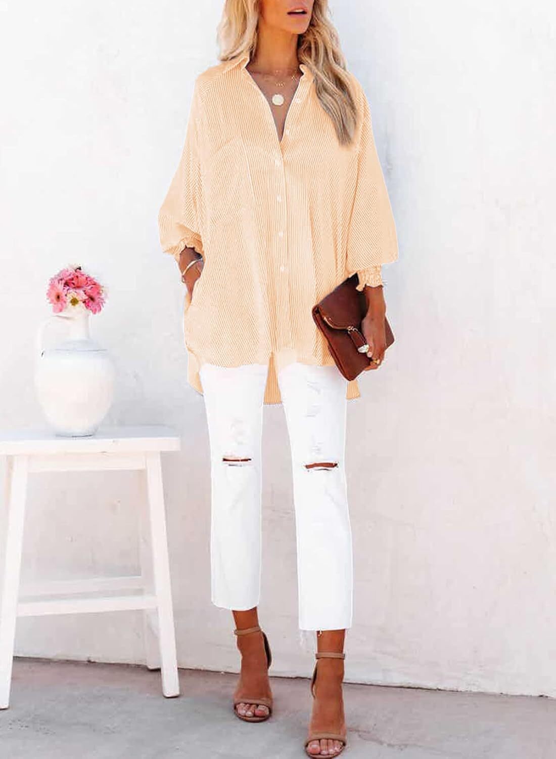 Women's Smocked Cuffed Striped Boyfriend Shirt with Pocket Casual Collar Long Sleeve Blouse Tops for Pocket Shirred.Clearance Items 2024