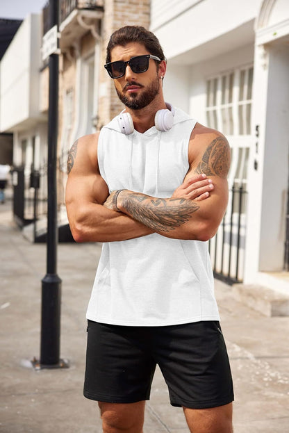 Men's Workout Hooded Tank Tops Bodybuilding Muscle Cut Off T Shirt Sleeveless Gym Hoodies