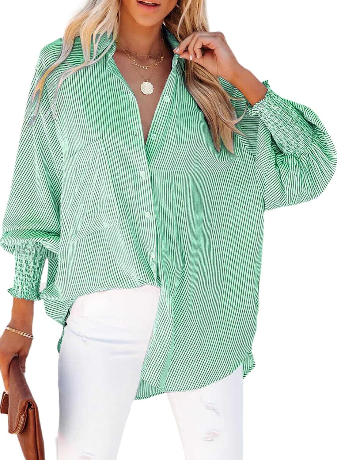 Women's Smocked Cuffed Striped Boyfriend Shirt with Pocket Casual Collar Long Sleeve Blouse Tops for Pocket Shirred.Clearance Items 2024