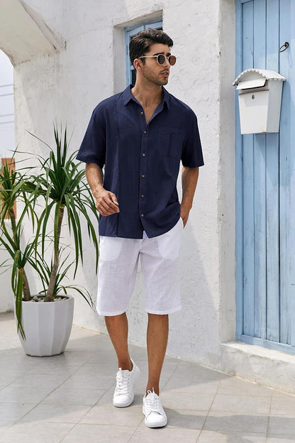 Mens Beach Linen Shirts Short Sleeve Cuban Button Down Casual Summer T Shirt Guayabera Hawaiian Tee Loose Fit Tops(💖Buy two, free shipping)