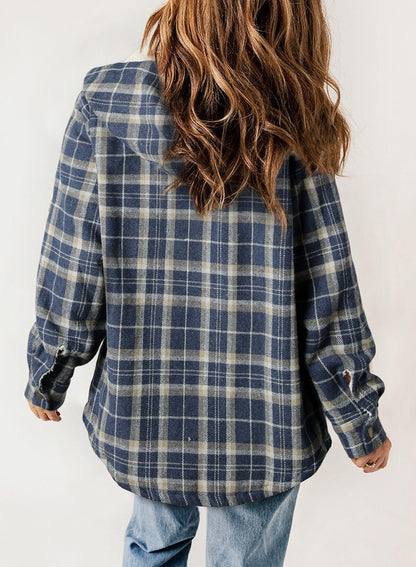 Women's Plaid Long Sleeve Button Fleece Hooded Jacket With Pockets