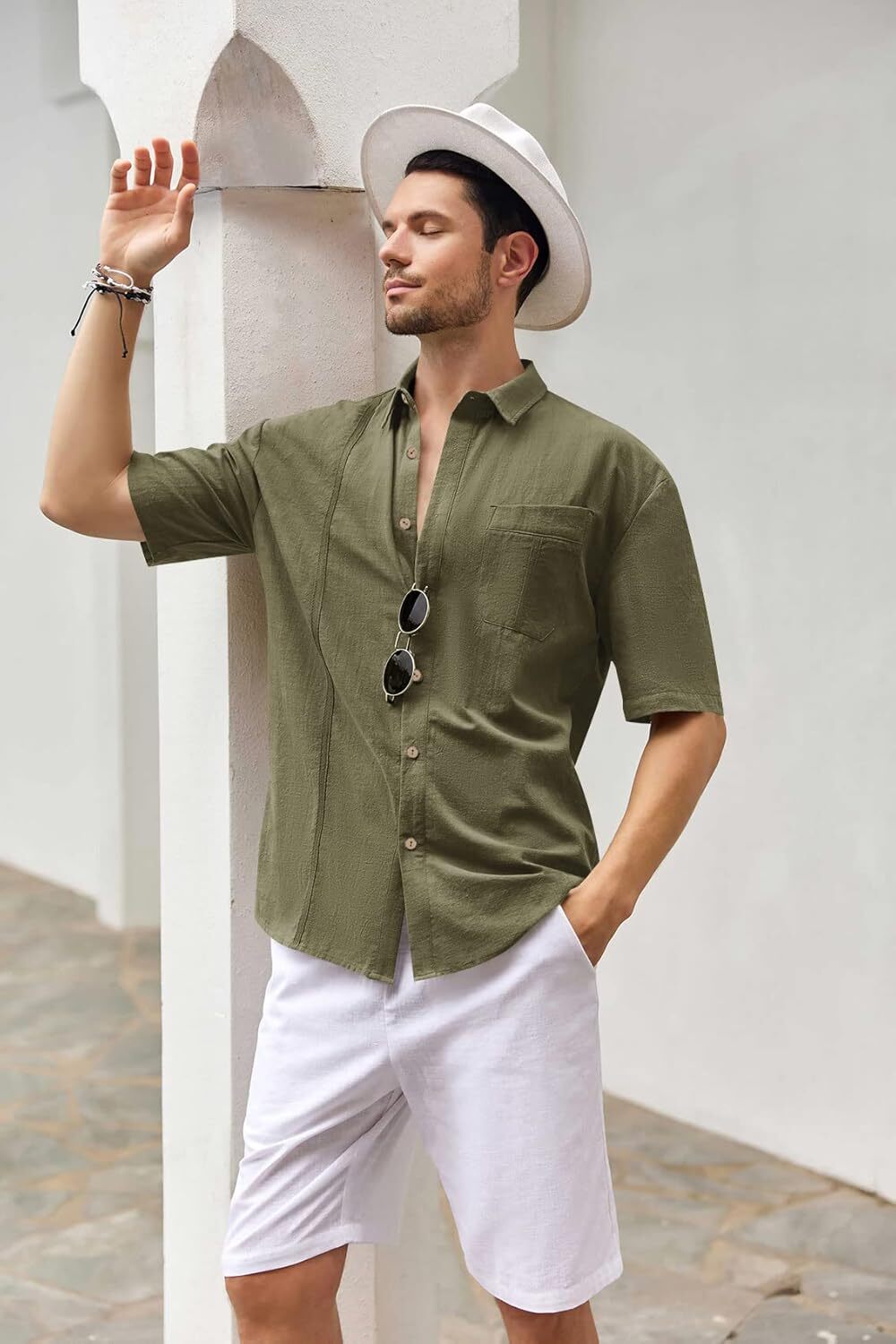 Mens Beach Linen Shirts Short Sleeve Cuban Button Down Casual Summer T Shirt Guayabera Hawaiian Tee Loose Fit Tops(💖Buy two, free shipping)
