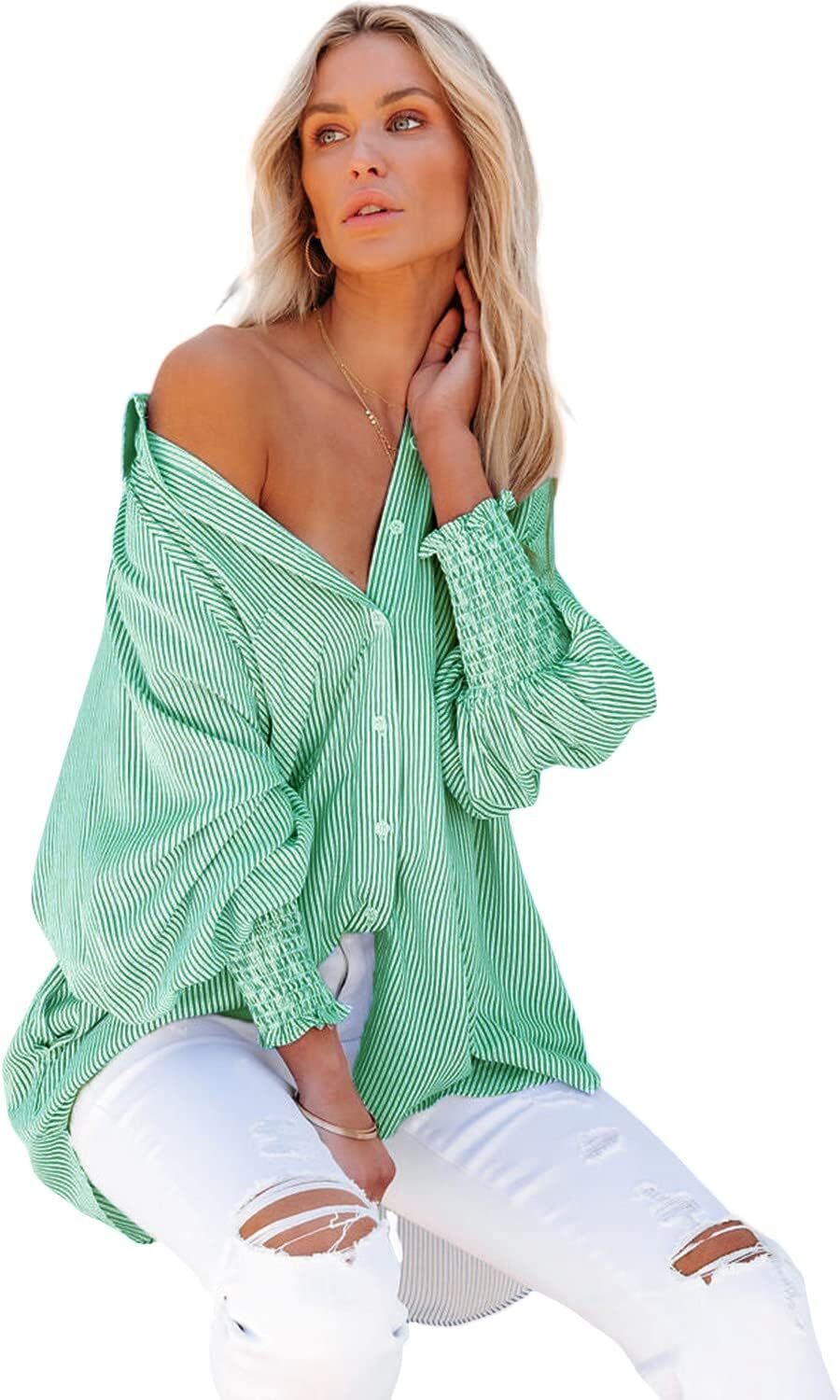 Women's Smocked Cuffed Striped Boyfriend Shirt with Pocket Casual Collar Long Sleeve Blouse Tops for Pocket Shirred.Clearance Items 2024