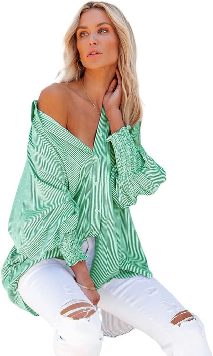 Women's Smocked Cuffed Striped Boyfriend Shirt with Pocket Casual Collar Long Sleeve Blouse Tops for Pocket Shirred.Clearance Items 2024