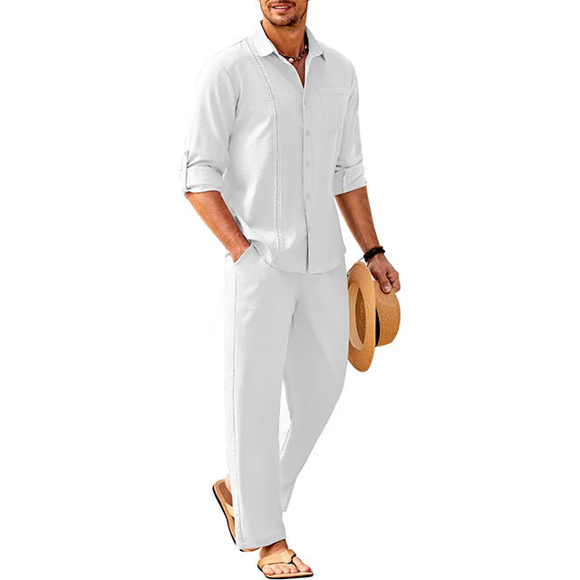 Men's 2 Piece Linen Sets Casual Long Sleeve Button Down Cuban Shirt and Loose Pants Set Beach Vacation Outfits