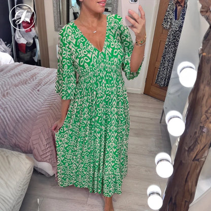 🔥2024 New Sale💖Bohemian casual print V-neck shirred waist long dresses