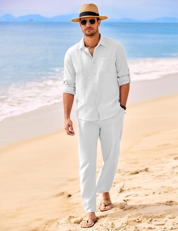 Men's 2 Piece Linen Sets Casual Long Sleeve Button Down Cuban Shirt and Loose Pants Set Beach Vacation Outfits