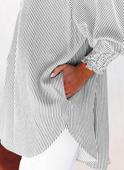 Women's Smocked Cuffed Striped Boyfriend Shirt with Pocket Casual Collar Long Sleeve Blouse Tops for Pocket Shirred.Clearance Items 2024