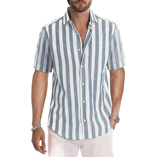 Casual Short Sleeve Button-Up Striped Cotton Shirts