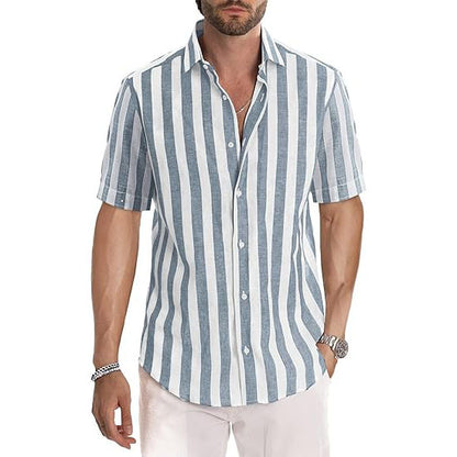 Casual Short Sleeve Button-Up Striped Cotton Shirts