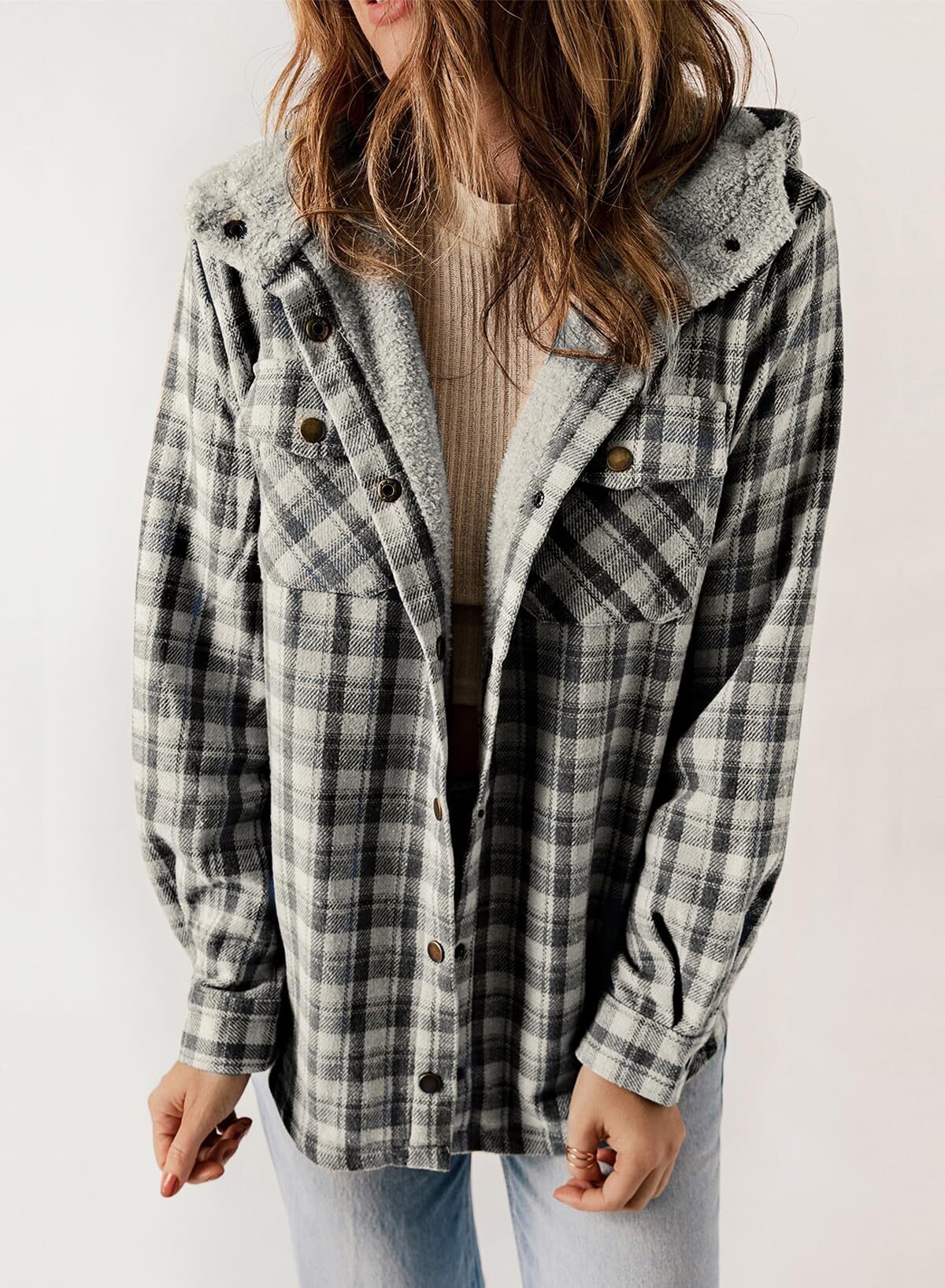Women's Plaid Long Sleeve Button Fleece Hooded Jacket With Pockets