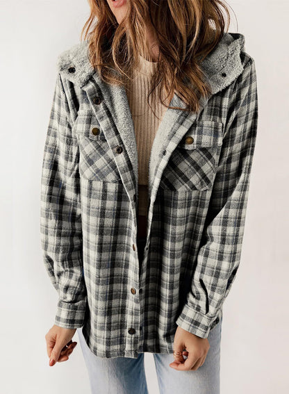 Women's Plaid Long Sleeve Button Fleece Hooded Jacket With Pockets