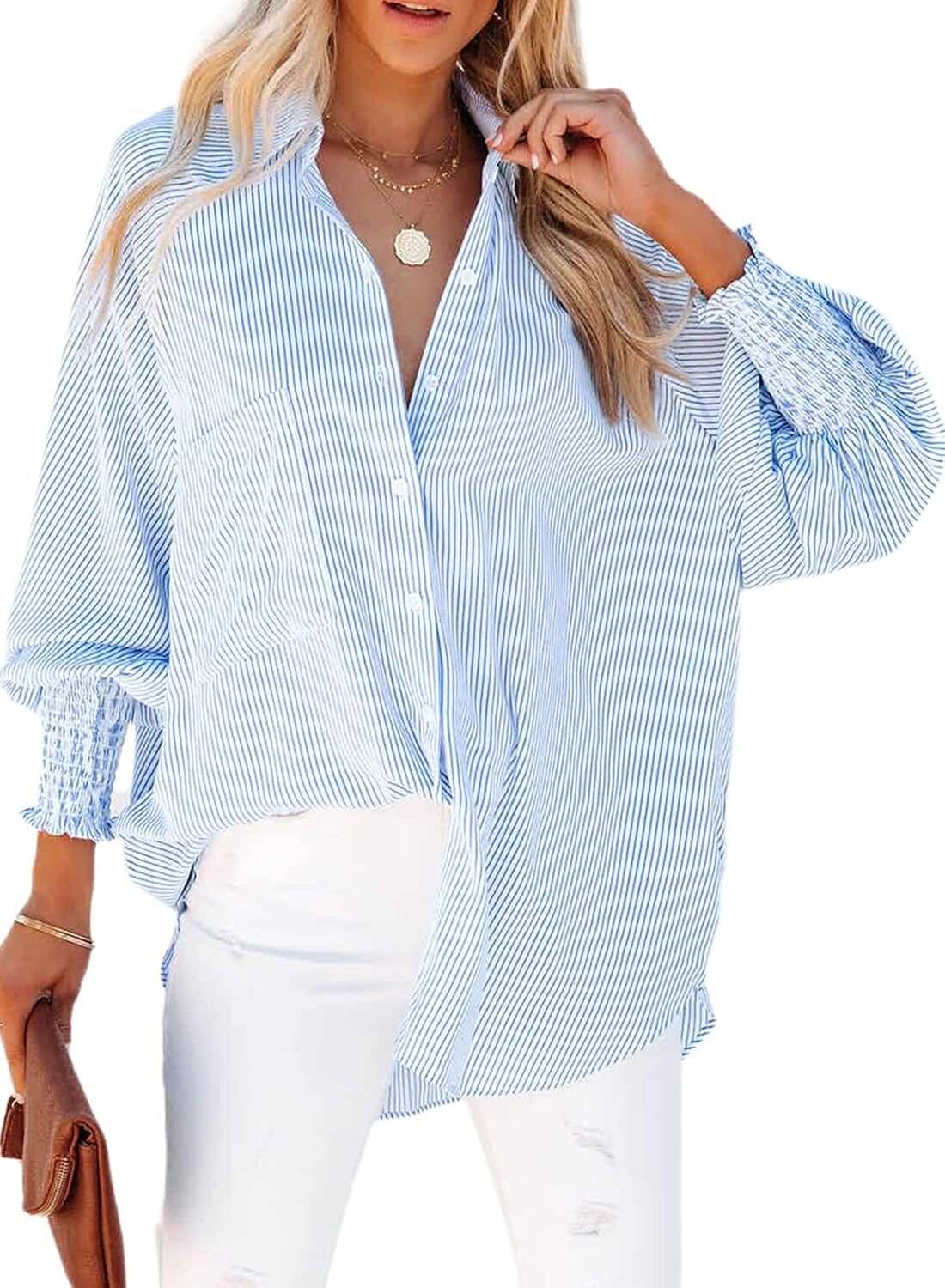 Women's Smocked Cuffed Striped Boyfriend Shirt with Pocket Casual Collar Long Sleeve Blouse Tops for Pocket Shirred.Clearance Items 2024