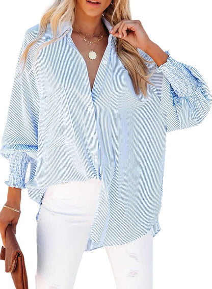 Women's Smocked Cuffed Striped Boyfriend Shirt with Pocket Casual Collar Long Sleeve Blouse Tops for Pocket Shirred.Clearance Items 2024